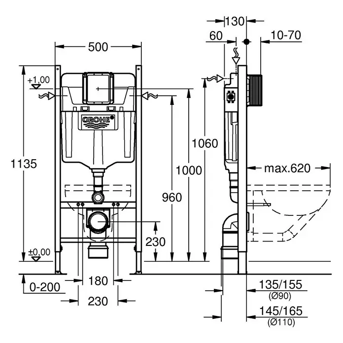 Grohe Rapid SL Projekt WC-Vorwandelement - 16,5 x 50 x 113 cm, Pulverbeschichtet - Technische Zeichnung eines Grohe Unterputzspülkastens mit Installationsmaßen und Anschlüssen, Vorder- und Seitenansicht.