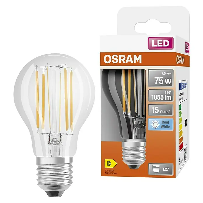Osram Star LED-Lampe Glühlampenform E27 matt - E27, Nicht Dimmbar, Kaltweiß, 1.055 lm, 7,5 W - Eine OSRAM LED Filament-Glühbirne mit klarem Glasgehäuse und silbernem E27 Sockel, neben ihrer weiß-braunen Verpackung.