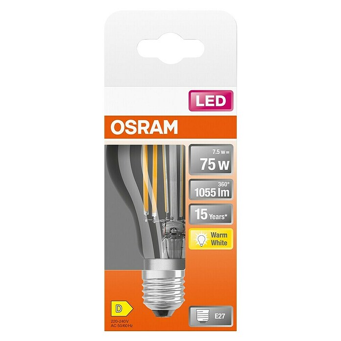 Osram LED-Leuchtmittel Retrofit Classic A (8 W, E27, A60, Warmweiß, Nicht Dimmbar, Klar)