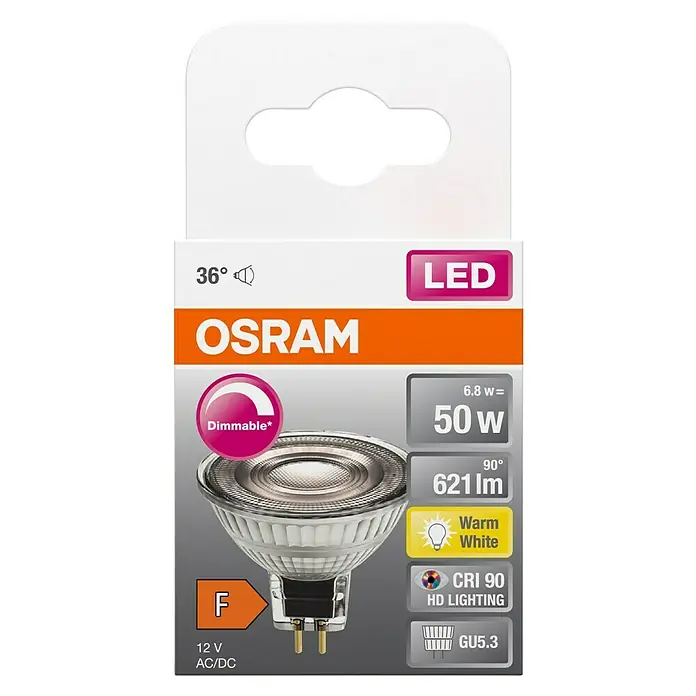 Osram LED-Lampe Pin G4 MR16 - GU5,3, Dimmbar, Warmweiß, 621 lm, 7,8 W - OSRAM LED-Lampe, dimmbar, 36° Abstrahlwinkel, 621 lm, warmweiß, GU5.3 Sockel, 12V, 6.8W (50W Äquivalent), CRI 90, Energieklasse F.