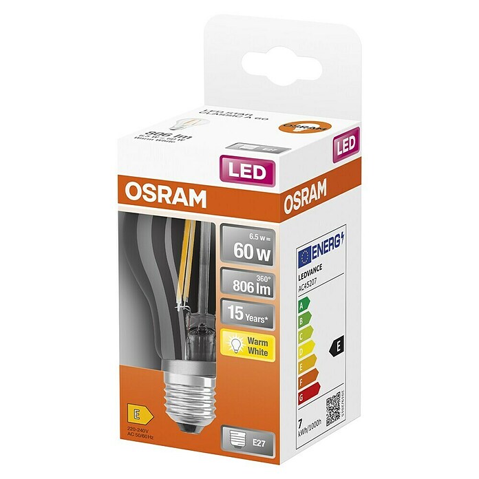 Osram LED-Leuchtmittel Retrofit Classic A (6 W, E27, A60, Warmweiß, Nicht Dimmbar, Klar)