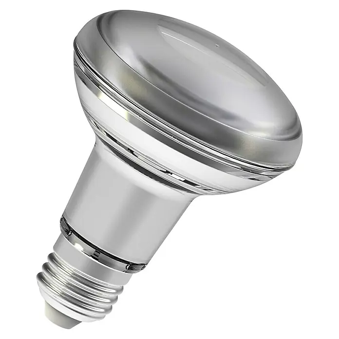 Osram Star Bombilla LED R63 - E27, Intensidad regulable, Blanco cálido, 345 lm, 5,9 W - Bombilla LED reflectora plateada y gris con casquillo de rosca estándar.