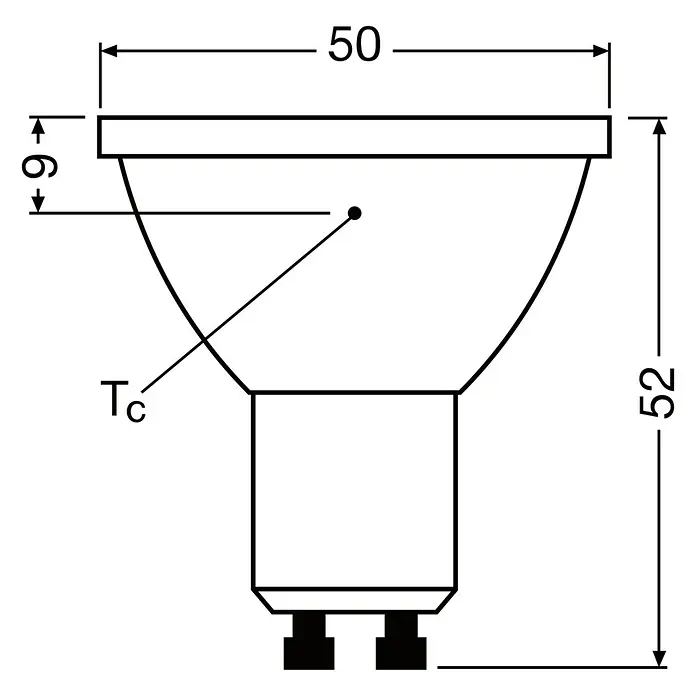 Osram Superstar LED-Lampe - GU10, Dimmbar, Warmweiß, 575 lm, 6,1 W - Linienzeichnung einer Glühbirne (z.B. GU10) mit Maßen: 50 mm Durchmesser, 52 mm Gesamthöhe, 9 mm Tiefe. Ein Tc-Punkt ist markiert.