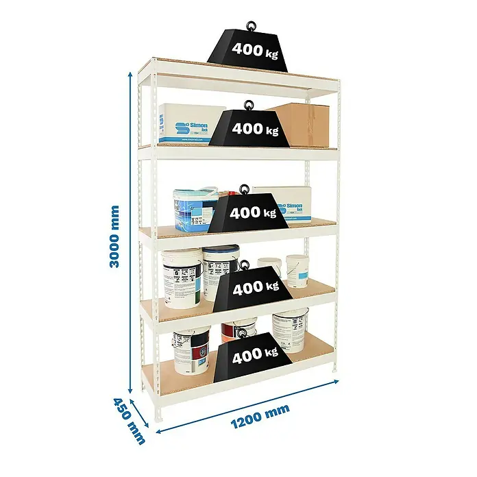 Simonrack Ecoforte Estantería para cargas pesadas Chipboard - Al x An x Pr: 300 x 120 x 45 cm, Capacidad de carga por balda: 400 kg, Número de baldas: 5 ud., Inserción, Blanco/Madera - Foto de una estantería de alta resistencia con cinco estantes, cada uno con una capacidad de peso de 400 kg y especificaciones de tamaño.