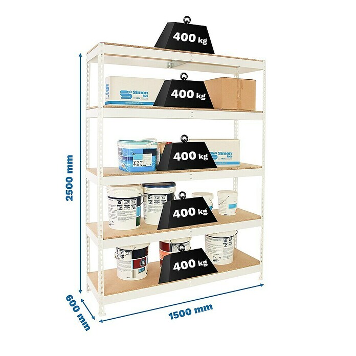 Simonrack Ecoforte Estantería para cargas pesadas Chipboard (Al x An x Pr: 250 x 150 x 60 cm, Capacidad de carga por balda: 400 kg, Número de baldas: 5 ud., Inserción, Blanco/Madera) | BAUHAUS