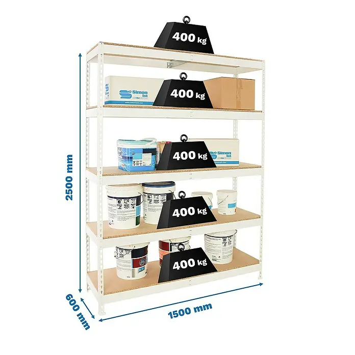 Simonrack Ecoforte Estantería para cargas pesadas Chipboard - Al x An x Pr: 250 x 150 x 60 cm, Capacidad de carga por balda: 400 kg, Número de baldas: 5 ud., Inserción, Blanco/Madera - Detalle de una estantería blanca de alta resistencia con cinco niveles, cada uno mostrado con una capacidad de carga de 400 kg.