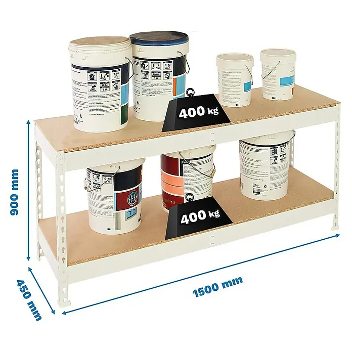 Simonrack Ecoforte Estantería para cargas pesadas Chipboard - Al x An x Pr: 90 x 150 x 45 cm, Capacidad de carga por balda: 400 kg, Número de baldas: 2 ud., Inserción, Blanco/Madera - Foto del producto de una estantería de almacenamiento con dos estantes, capacidad de carga de hasta 400 kg por estante, dimensiones 1500 x 450 x 900 mm.