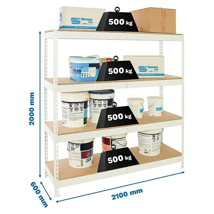 Simonrack Simonforte Estantería para cargas pesadas Chipboard - Al x An x Pr: 200 x 210 x 60 cm, Capacidad de carga por balda: 500 kg, Número de baldas: 4 ud., Inserción, Blanco/Madera - Una estantería blanca de alta resistencia con cuatro estantes cargados con cubos de pintura y cajas de cartón, con indicaciones de peso.