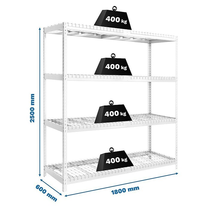 Simonrack Ecoforte Estantería para cargas pesadas Rex (Al x An x Pr: 250 x 180 x 60 cm, Capacidad de carga por balda: 400 kg, Número de baldas: 4 ud., Inserción, Blanco, Bandejas no incluidas) | BAUHAUS