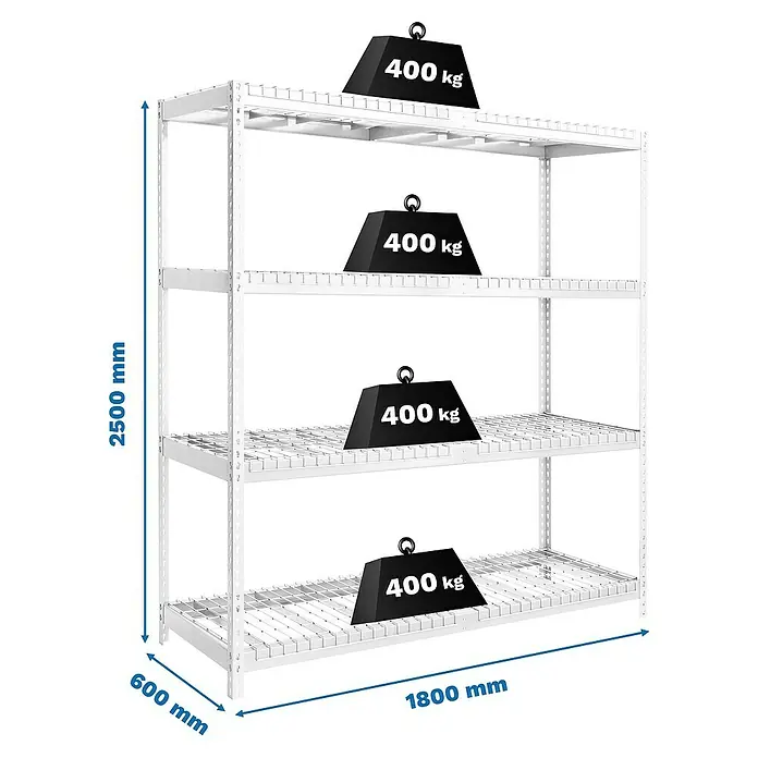 Simonrack Ecoforte Estantería para cargas pesadas Rex - Al x An x Pr: 250 x 180 x 60 cm, Capacidad de carga por balda: 400 kg, Número de baldas: 4 ud., Inserción, Blanco, Bandejas no incluidas - Imagen de una estantería blanca de alta resistencia con cuatro niveles, cada uno cargado con 400 kg, dimensiones: 2500 mm de altura, 1800 mm de ancho, 600 mm de profundidad.
