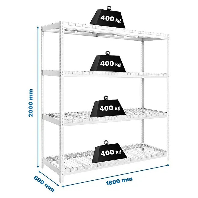 Simonrack Ecoforte Estantería para cargas pesadas Rex - Al x An x Pr: 200 x 180 x 60 cm, Capacidad de carga por balda: 400 kg, Número de baldas: 4 ud., Inserción, Blanco, Bandejas no incluidas - Estantería blanca resistente con cuatro niveles mostrando capacidad de carga con pesas.