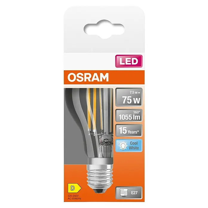 Osram Star LED-Lampe Glühlampenform E27 matt - E27, Nicht Dimmbar, Kaltweiß, 1.055 lm, 7,5 W - OSRAM LED-Glühbirne mit klarem Glas und sichtbaren Filamenten in Verkaufsverpackung. Mit E27-Sockel und Kaltweiß-Licht.