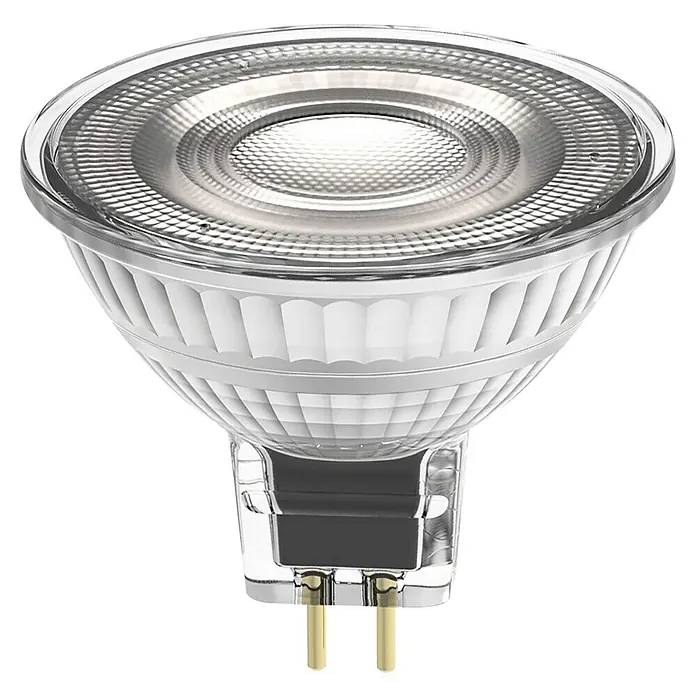 Osram LED-Lampe Pin G4 MR16 - GU5,3, Dimmbar, Warmweiß, 621 lm, 7,8 W - MR16-Spotlampe mit weißem Gehäuse, klarer strukturierter Linse und GU5.3-Sockel mit zwei Goldstiften.