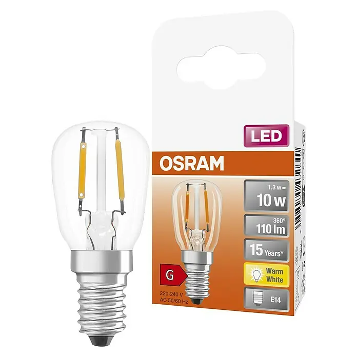 Osram LED-Lampe - E14, Nicht Dimmbar, Warmweiß, 110 lm, 10 W - OSRAM LED Filamentlampe mit E14 Schraubsockel, daneben Verpackung mit LED, 1,3W/10W, 110lm, warmweiß, Energieklasse G.