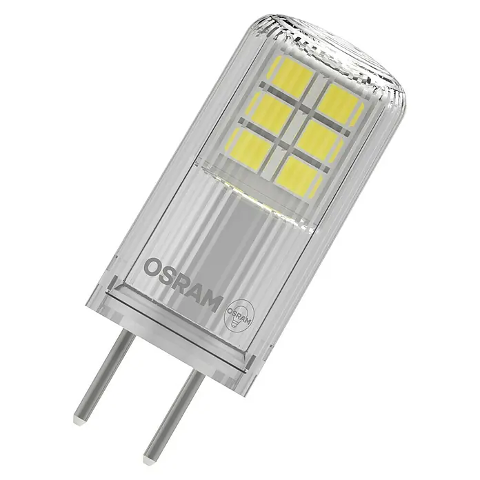 Osram Star Bombilla LED Pin GY6.35 - GY6,35, No regulable, Blanco cálido, 300 lm, 2,6 W - Bombilla LED OSRAM G4 transparente con chips LED amarillos visibles y dos pines metálicos.
