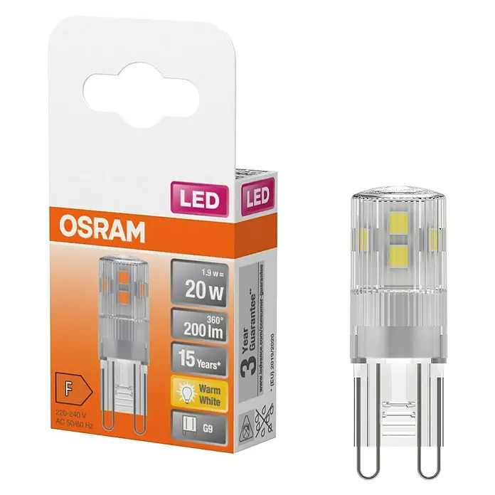 Osram Star Bombilla LED - G9, No regulable, Blanco cálido, 200 lm, 1,9 W - Bombilla LED G9 OSRAM y su embalaje blanco y naranja.