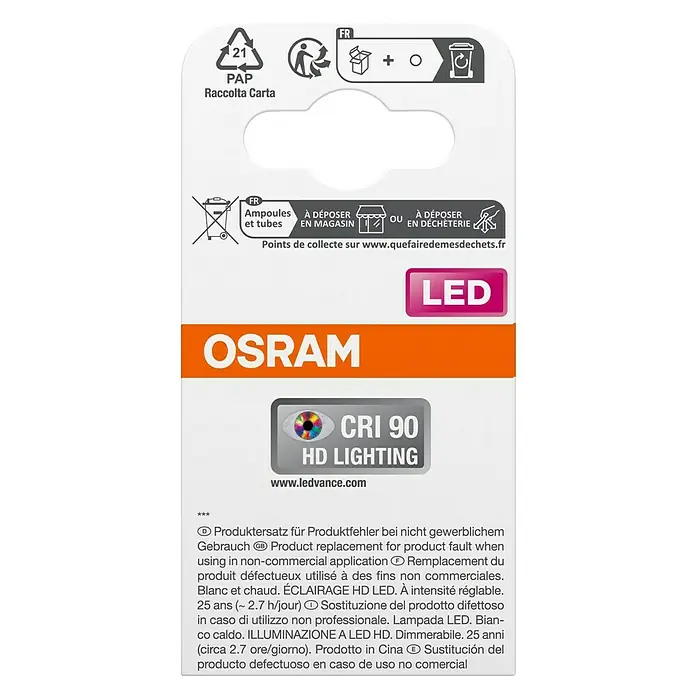 Osram LED-Lampe Pin G4 MR16 - GU5,3, Dimmbar, Warmweiß, 621 lm, 7,8 W - OSRAM LED-Glühbirnenverpackung mit Recyclingsymbolen und CRI 90 HD LIGHTING-Etikett.