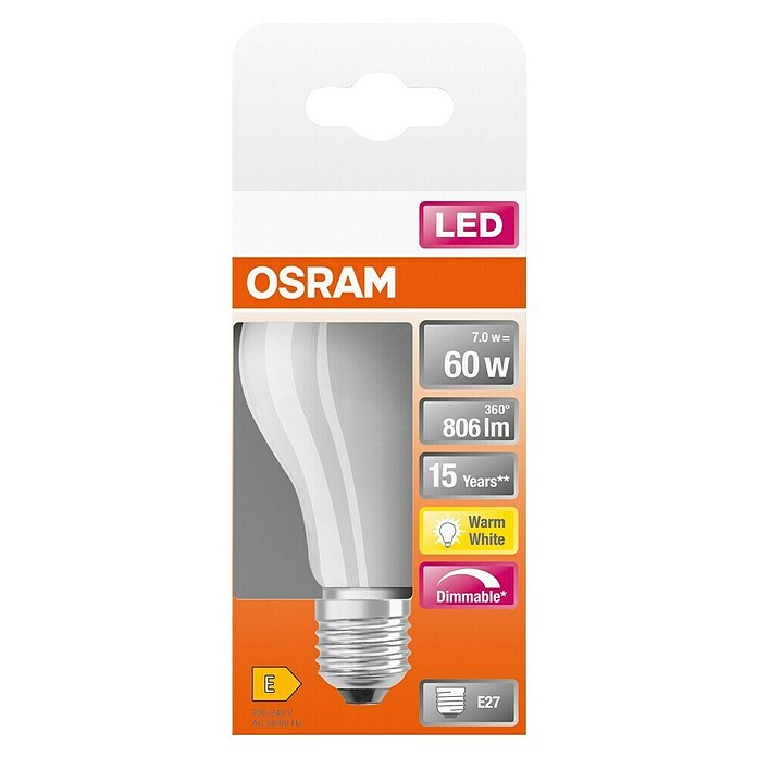 Osram LED-Leuchtmittel Retrofit Classic A (8 W, E27, A60, Warmweiß, Dimmbar, Matt)