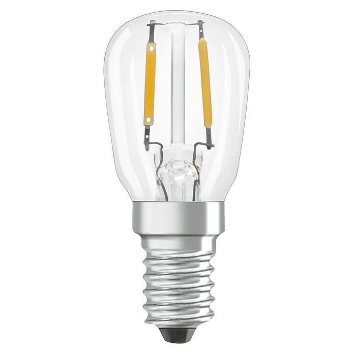 Osram LED-Lampe - E14, Nicht Dimmbar, Warmweiß, 110 lm, 10 W - Klare LED-Glühbirne mit silbernem Schraubsockel und gelben Filamenten.