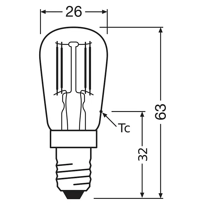 Osram LED-Lampe - E14, Nicht Dimmbar, Warmweiß, 110 lm, 10 W - Strichzeichnung einer LED-Filamentlampe mit Schraubsockel, 26mm Durchmesser, 63mm Gesamtlänge, 32mm Sockellänge.