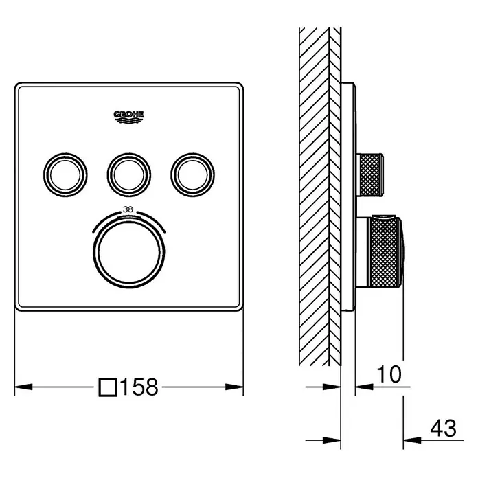 Grohe Grohtherm SmartControl UP-Thermostatarmatur - Anzahl Absperrventile: 3 Stk., Eckig, Chrom, Glänzend - Quadratische Grohe Duschthermostat-Steuerung mit drei Druckknöpfen und einem Drehregler (38°C), Wandmontage. Maße 158x158mm.