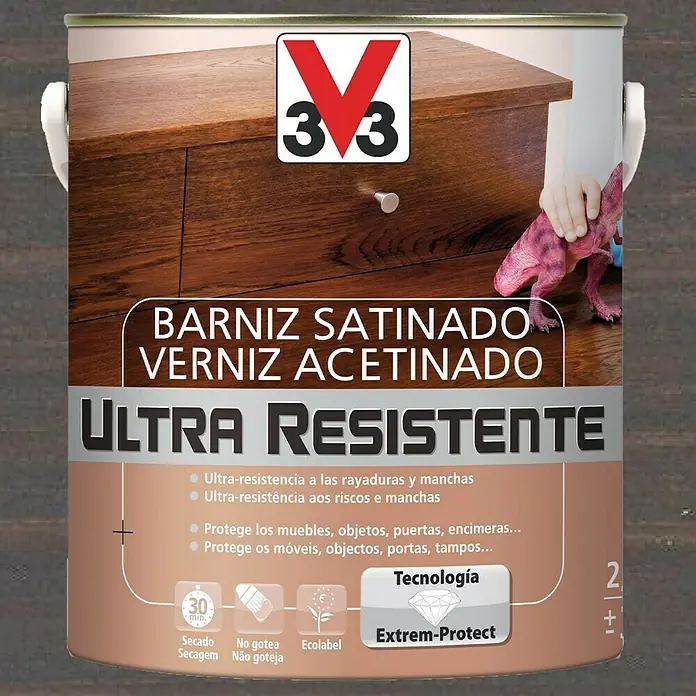 V33 Barniz para madera Satinado Ultra Resistente - Wengué, Satinado, 2,5 l - Bote de barniz "3 V3" Ultra Resistente Satinado Verniz Acetinado para muebles, puertas y más.