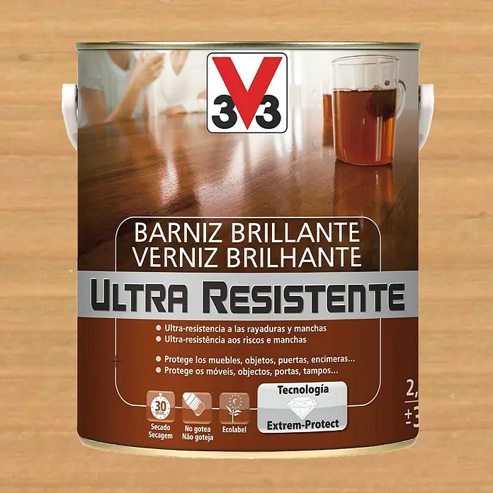 V33 Barniz para madera Brillante Ultra Resistente - Roble claro, Brillante, 2,5 l - Imagen de una lata de barniz brillante. El barniz es ultra resistente y protege muebles, objetos, puertas y encimeras.