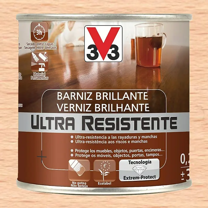 V33 Barniz para madera Brillante Ultra Resistente - Incoloro, Brillante, 250 ml - Imagen de una lata de barniz brillante V33, que hace que las superficies sean más resistentes a las rayaduras y manchas y protege los muebles.