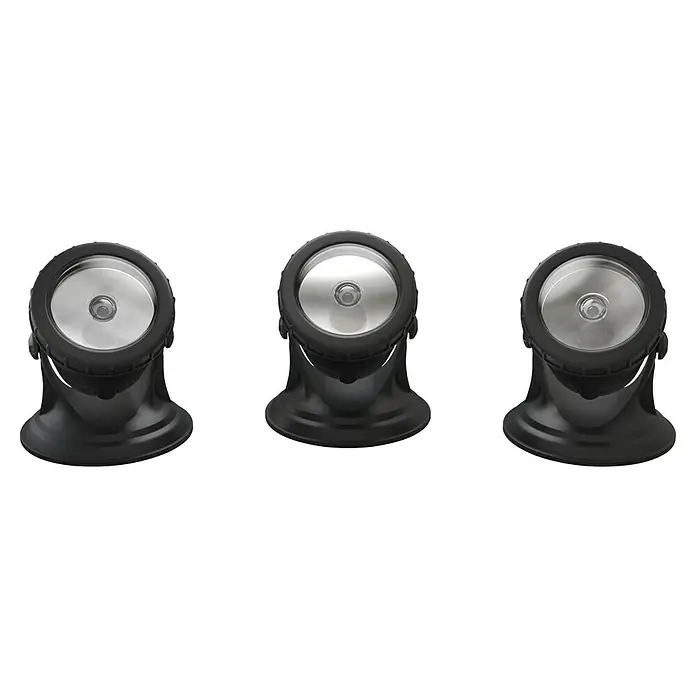 Neptun Teichbeleuchtung Set 3 NTB-O - 4 W, Anzahl LED: 3 Stk. - Nahaufnahme von drei schwarzen LED-Gartenstrahlern, die durch ein horizontales Verbindungselement zusammengehalten werden.
