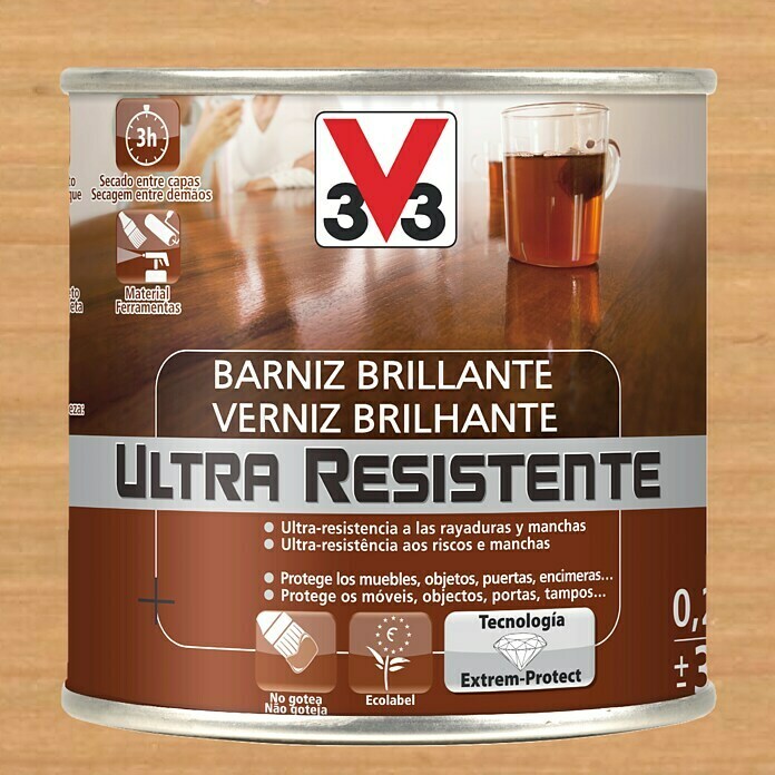 V33 Barniz para madera Brillante Ultra Resistente (Roble claro, Brillante, 250 ml)