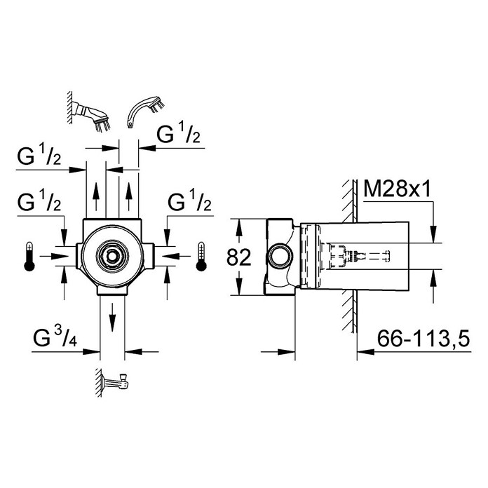 Grohe Unterputzsystem 5-Wege-Umstellung (Einbautiefe: 66 mm - 113 mm) | BAUHAUS