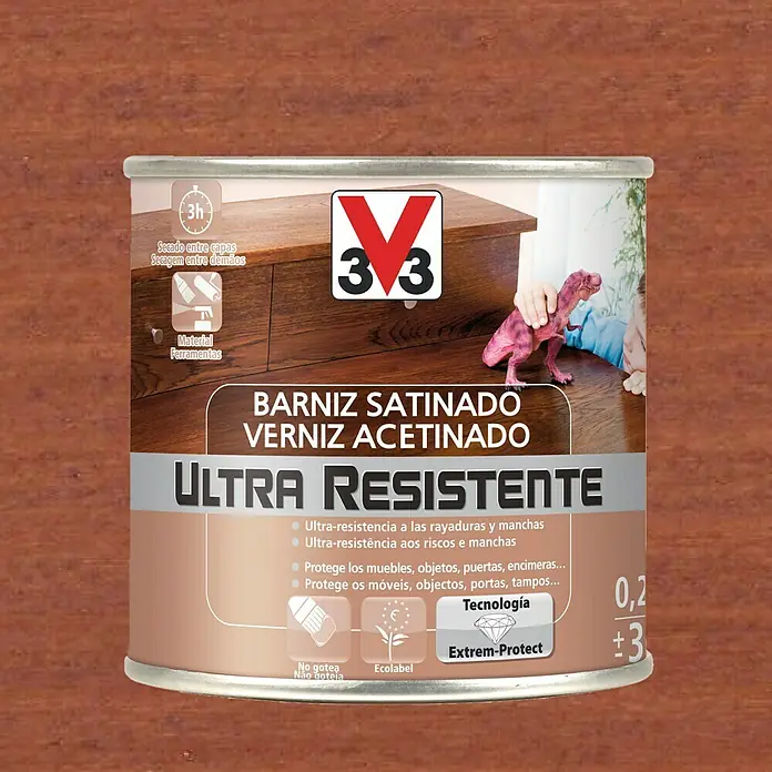 V33 Barniz para madera Satinado Ultra Resistente - Caoba, Satinado, 250 ml - Bote de barniz satinado "3V3 Ultra Resistent". Protege muebles y superficies de arañazos y manchas, ideal para interiores.