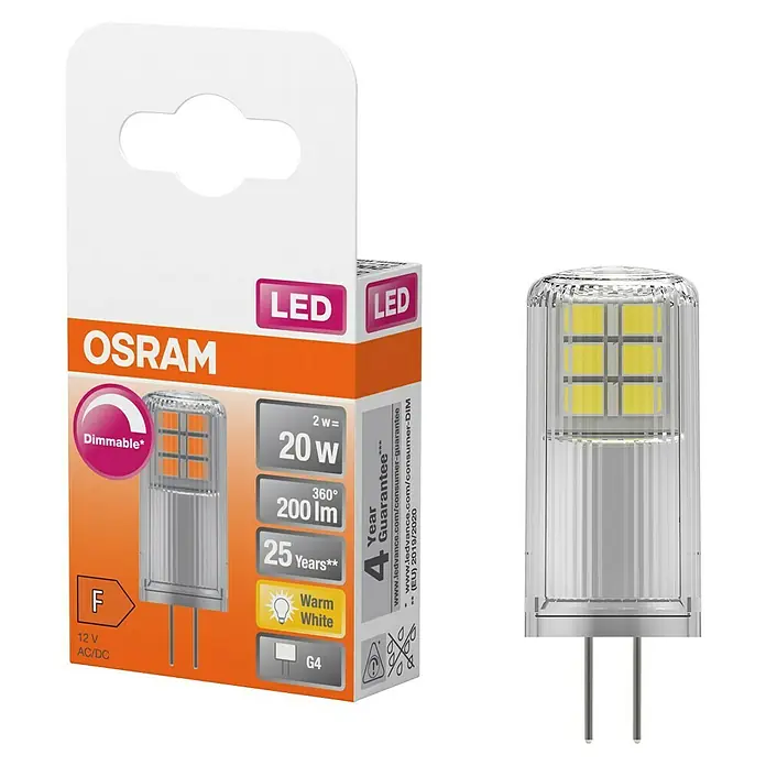 Osram LED-Lampe Pin G4 MR16 - G4, Dimmbar, Warmweiß, 200 lm, 2 W - OSRAM G4 dimmbare LED-Lampe mit klarem Gehäuse und gelben Chips, zusammen mit ihrer orange-weißen Verkaufsverpackung.