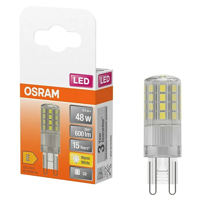 Osram LED-Lampe Pin G9 - G9, Nicht Dimmbar, Warmweiß, 600 lm, 4,8 W - OSRAM LED G9 warmweiße Glühbirne in Verpackung und separat. Merkmale: 4,5W, 600lm, 15 Jahre Lebensdauer.