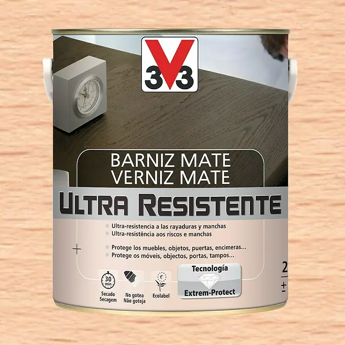 V33 Barniz para madera Mate Ultra Resistente - Incoloro, Mate, 2,5 l - Bote de barniz mate ultra resistente, protege muebles y superficies. Perfecto para uso en interiores.
