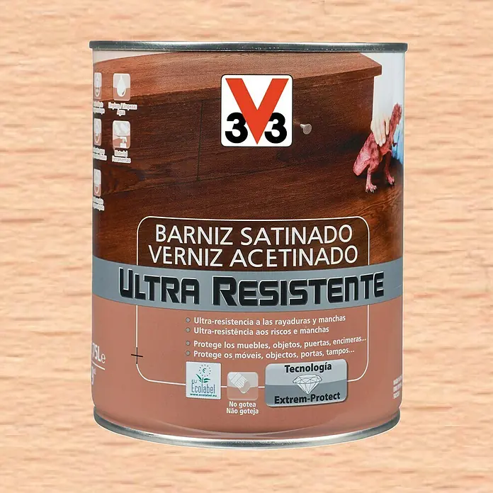 V33 Barniz para madera Satinado Ultra Resistente - Incoloro, Satinado, 750 ml - Bote de barniz para madera con acabado satinado, ultra resistente para muebles, puertas y encimeras. Protege contra rayaduras y manchas.