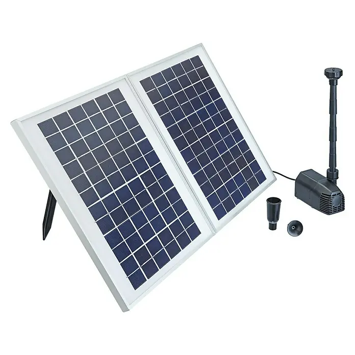 Neptun Solar-Teichpumpen-Set Solar NSTP-O 1600 - Fördermenge pro Std.: 1.600 l - Das Bild zeigt ein Solarbrunnen-Set mit zwei Solarpanels, einer Pumpe und Zubehör, ideal für den Gartenteich.