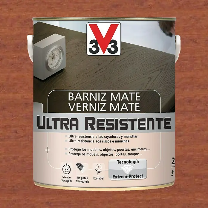 V33 Barniz para madera Mate Ultra Resistente - Sapelly, Mate, 2,5 l - Bote de barniz mate "Ultra Resistente" de V33, ideal para proteger y realzar muebles y otras superficies de madera.