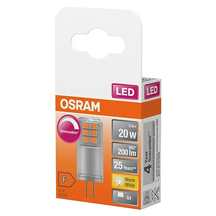 Osram LED-Lampe Pin G4 MR16 - G4, Dimmbar, Warmweiß, 200 lm, 2 W - OSRAM LED G4 Lampe in weiß-orangefarbener Verpackung, mit Hinweisen auf „Dimmbar“, „Warmweiß“ und „Energieeffizienzklasse F“.