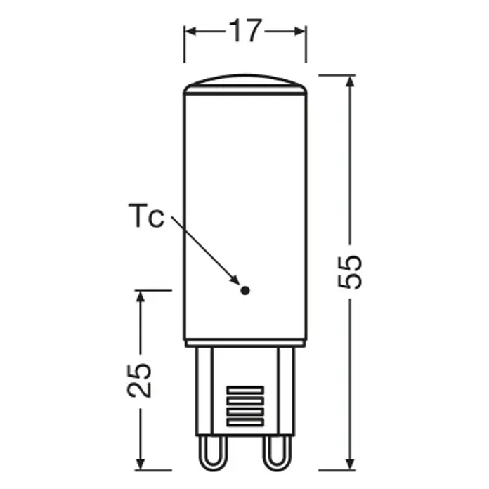 Osram LED-Lampe Pin G9 - G9, Nicht Dimmbar, Warmweiß, 600 lm, 4,8 W - Technische Zeichnung einer G9 Stiftsockellampe mit Maßen: 17mm Breite, 55mm Gesamtlänge, 25mm Basislänge. Tc-Punkt markiert.