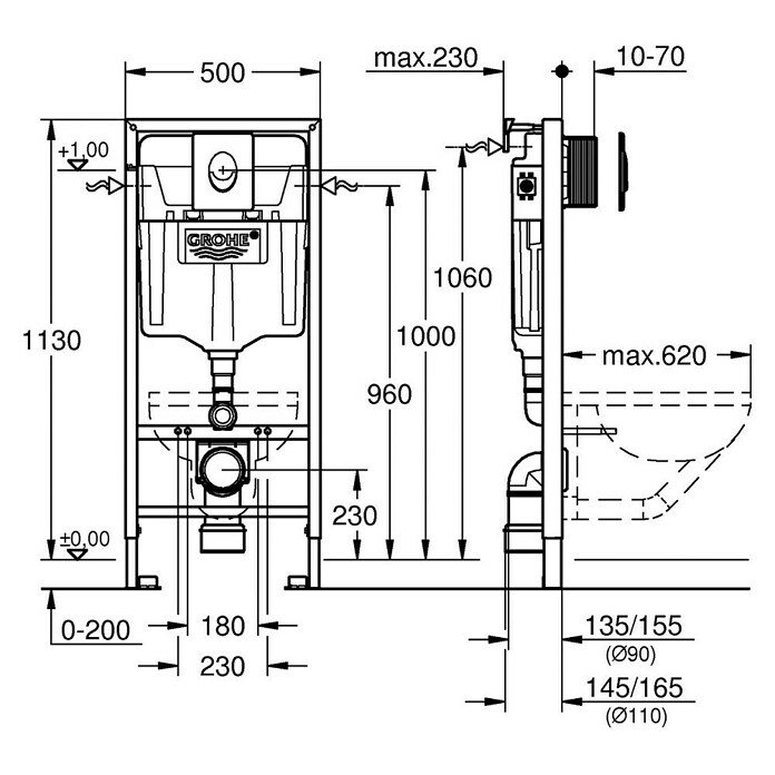 Grohe Rapid SL WC-Vorwandelement 3 in 1-Set (16,5 x 50 x 113 cm, Mit Grohe Skate Air Betätigungsplatte, Pulverbeschichtet)