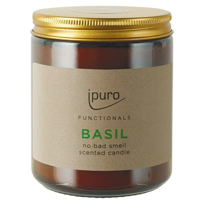 Ipuro Functionals Duftkerze - Basil, 200 g, Im Glas - Ein braunes Glas mit goldenem Deckel enthält eine ipuro-Duftkerze mit Basilikum-Duft, die für eine angenehme Atmosphäre sorgt.