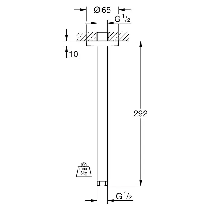 Grohe Rainshower Brazo de conexión - Montaje en el techo, Altura: 29,2 cm, ½″, Redonda - Dibujo técnico de un brazo de ducha cilíndrico con conexiones G 1/2, 292mm de largo, Ø 65mm de brida, carga máx 5kg.