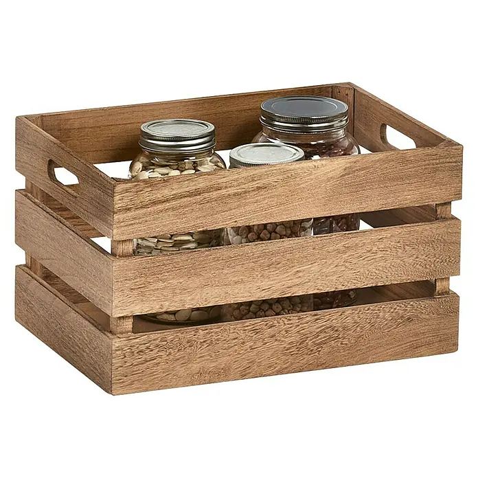 Zeller Present Holzkiste - L x B x H: 35 x 25 x 20 cm, Braun - Holzbox mit Gläsern gefüllt mit verschiedenen Lebensmitteln, ideal zur Aufbewahrung in Küche oder Speisekammer.