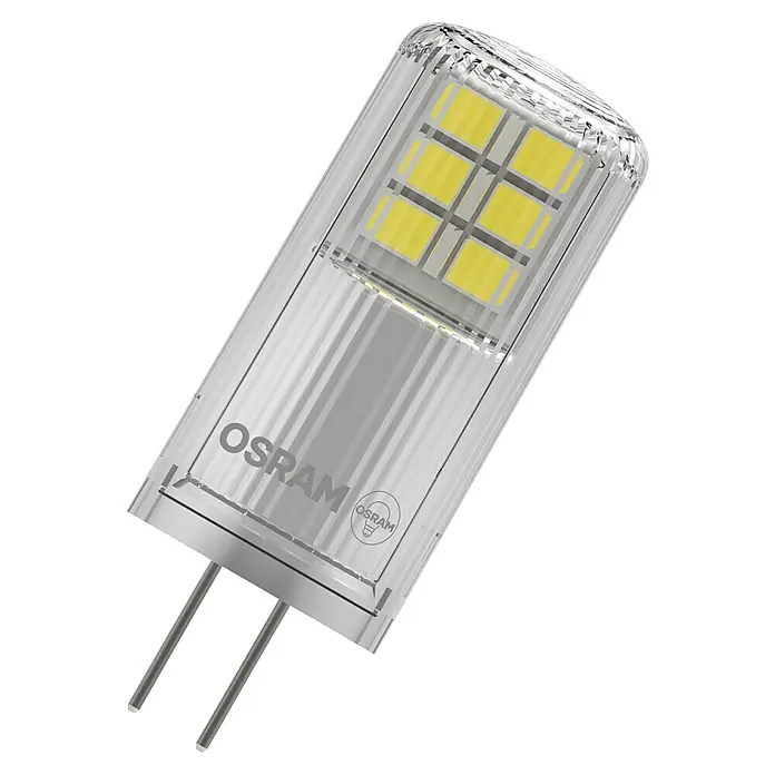 Osram Bombilla LED - G4, Intensidad regulable, Blanco cálido, 200 lm, 2 W - Bombilla LED bipin transparente con seis chips LED amarillos, carcasa transparente y dos pines metálicos.