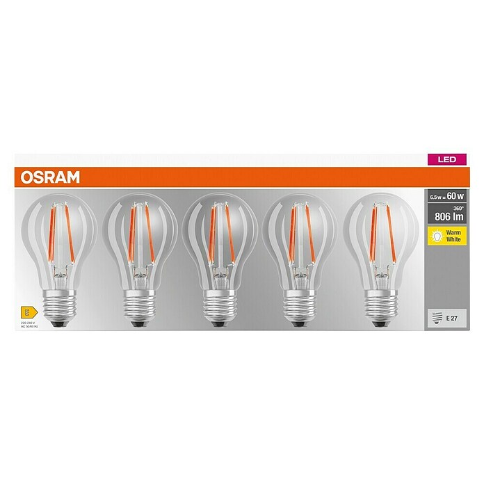 Osram LED-Leuchtmittel Classic A 60 (5 Stk., 7 W, E27, Warmweiß, Klar)