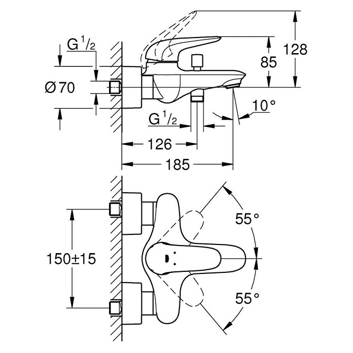 Grohe Eurostyle Solid Badewannenarmatur (Ausladung Armatur: 185 mm, Chrom, Glänzend) | BAUHAUS