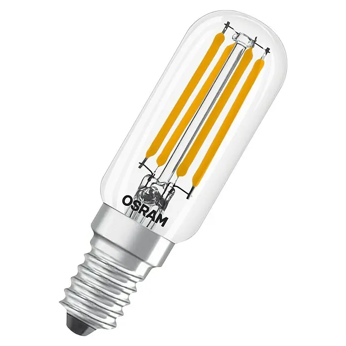 Osram Bombilla LED Special T26 - E14, No regulable, Blanco cálido, 730 lm, 6,5 W - Una bombilla LED tubular de cristal transparente con filamentos amarillos y base de rosca E14 plateada, con el logo OSRAM.