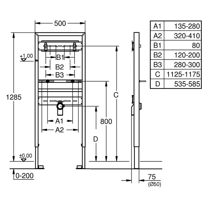 Grohe Rapid SL Waschtisch-Vorwandelement (7,5 x 50 x 130 cm, Mit Armaturenanschluss, Pulverbeschichtet)
