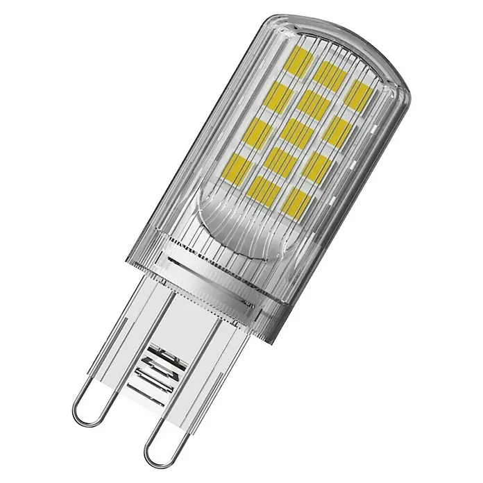 Osram Bombilla LED Pin G9 - G9, Intensidad regulable, Blanco cálido, 470 lm, 4,4 W - Bombilla LED G9 con carcasa transparente, chips LED amarillos visibles y base de dos pines.